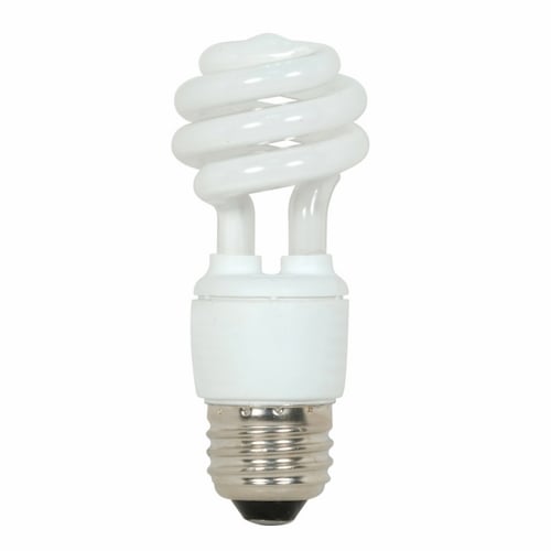 Compact Fluorescent Spiral Lamp, Designation: 9T2/41, 120 V, 9 WTT, Mini Spiral Shape, E26 Medium Base, 12000 HR, Lumens: 550 LM Initial, 4100 DEG K Color Temperature, Cool White 82 CRI, 3-31/32 IN Length, 1-9/16 IN Diameter