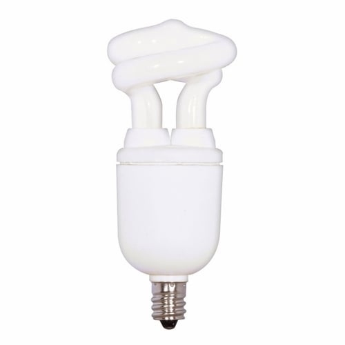 Compact Fluorescent Spiral Lamp, Designation: 5T2C/41, 120 V, 5 WTT, Mini Spiral Shape, E12 Candelabra Base, 10000 HR, Lumens: 280 LM Initial, 4100 DEG K Color Temperature, Cool White 82 CRI, 3-15/32 IN Length, 1-3/8 IN Diameter