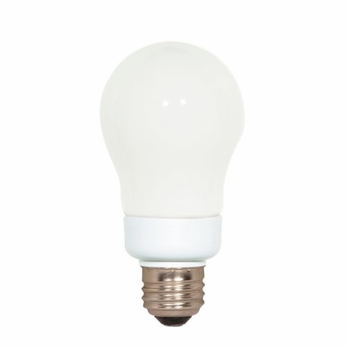 Compact Fluorescent Type A Lamp, Designation: 7A19/27, 120 V, 7 WTT, A19 Shape, E26 Medium Base, 12000 HR, Lumens: 410 LM Initial, 2700 DEG K Color Temperature, Warm White 82 CRI, 4-1/4 IN Length, 2-1/8 IN Diameter