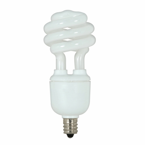 Compact Fluorescent Spiral Lamp, Designation: 9T2C/27, 120 V, 9 WTT, T2 Shape, E12 Candelabra Base, 12000 HR, Lumens: 550 LM Initial, 2700 DEG K Color Temperature, Warm White 82 CRI, 3-31/32 IN Length, 1-9/16 IN Diameter