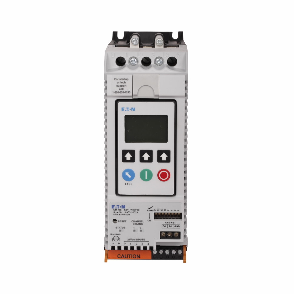 Eaton S811+ soft starter, with Digital Interface Module, 66 A, N-frame, Premium, 600 V rated, Level/Edge Sense, Three-pole, 24 V power, 200-600 V operating voltage, 47-63 Hz, 1-2 conductors, #22-14 AWG wire, 120 Vdc, 240 Vac