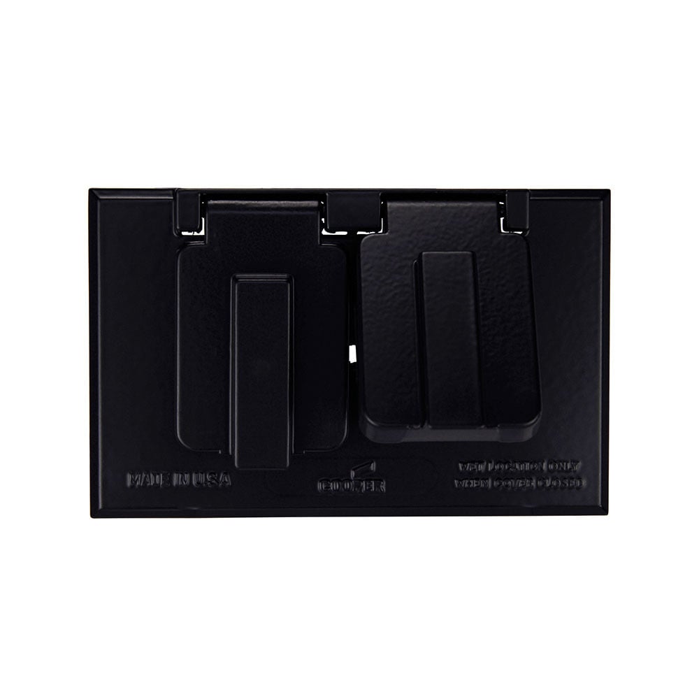 Eaton two lid duplex receptacle cover, (2) self-closing lids, Surface mount, Black, Duplex receptacle, Wet, Electrostatically painted, powder coated metal, Single-gang, Horizontal, Standard