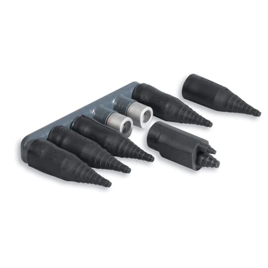 SweetHeart FloodSeal Aluminum Mechanical Connectors with Streetlight option, dual rated, Black PVC insulated, cable range feeder outlet / StreetLight #6-350 kcmil, outlets 6, length 10.75 inch,  Comes with Tin Plated Screws and Flood Seal EPDM Rubber Rockets.   Grooved Wire Ports.