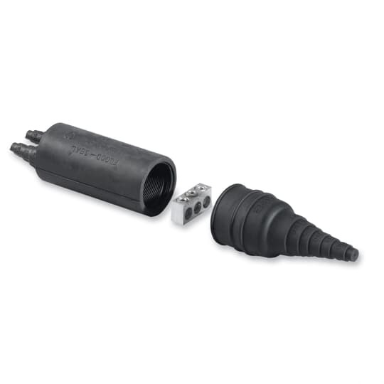 Aluminum Flood-Seal   Mechanical Splice Three-Wire Kits, conductor range #4 - #14 CU/#2 - #14 AL, 3 Outlets.  Kit includes Connector, Cap with Liner, Rocket, Silicone Grease.  Connector Length 1-3/16 inch x 9/16 inch x 3/8 inch.