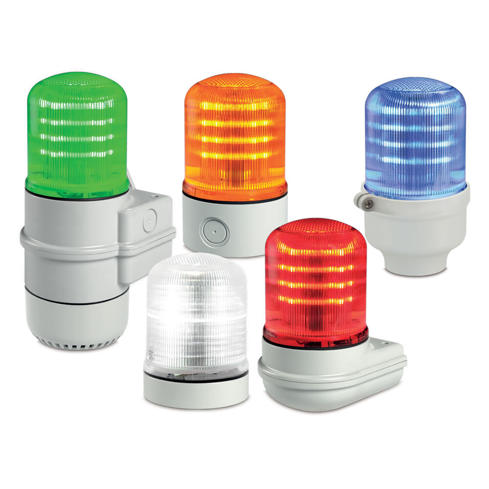 Streamline Modular Multifunctional LED Beacon, Blue - Compatible with 12-24VAC/DC or 120-240VAC (a). PLC compatible with PNP or NPN connections (a). Three separate inputs: steady, flashing or rotating. 50,000 hour LED. Five lamp/lens colors: Amber, Blue, Clear, Green and Red. Seven mounting base options. Type 4X, IP66 enclosure. IP69K compliant (b). CE Certified. UL and cUL listed. (a) Voltage and PLC connections are dependent on selected base. (b) IP69K with SLMBS, SLMBD or SLMBP bases and SLM-RR retaining ring.
