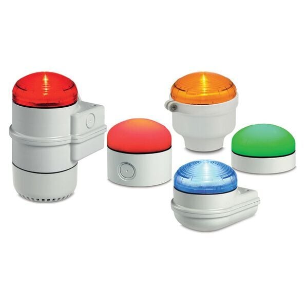 StreamLine Modular Multifunctional Low Profile LED Beacon, Fresnel Lens, Blue - Compatible with 12-24VAC/DC or 120-240VAC (a). PLC compatible with PNP or NPN connections (a). Steady, flashing or simulated strobe. 50,000 hour LED. Five lamp/lens colors: Amber, Blue, Clear, Green and Red. Seven mounting base options. Type 4X, IP66 enclosure. IP69K compliant (b). CE Certified. UL and cUL listed. (a) Voltage and PLC connections are dependent on selected base. (b) IP69K with SLMBS, SLMBD or SLMBP bases and SLM-RR retaining ring.