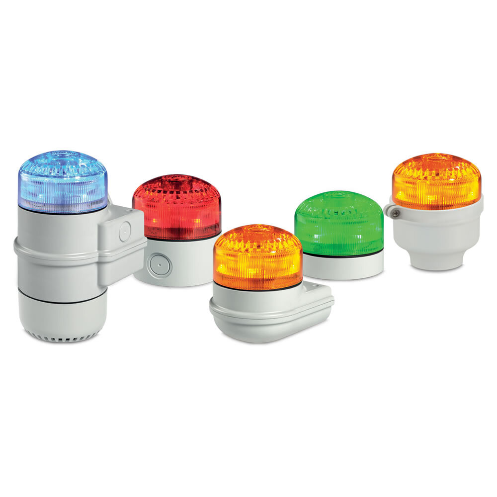 StreamLine Modular Multifunctional LED Combination Audible/Visual Signal, Red - Compatible with 12-24VAC/DC or 120-240VAC (a). PLC compatible with PNP or NPN connections (a). Three channels included: Simulated strobe, Simulated strobe plus tone 1, Steady light plus tone 2. 50,000 hour LED. Five lamp/lens colors: Amber, Blue, Clear, Green and Red. Seven mounting base options. Type 3R, IP65 enclosure. CE Certified. UL and cUL listed. (a) Note: Voltage and PLC connections are dependent on selected base.