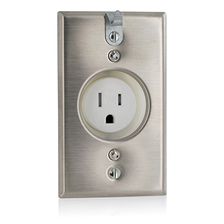 15 Amp, 125 Volt, NEMA 5-15R, 2P, 3W, Single Receptacle, Tamper-Resistant, Straight Blade, Clock Hanger Receptacle, Stainless Steel Wallplate, Back & Side Wired - White