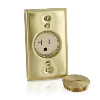 20 Amp, 125 Volt, NEMA 5-20R, 2P, 3W, Single Receptacle, Straight Blade, Tamper-Resistant, Display Receptacle with Brass Wallplate & Screw Cap, Back & Side Wired, Steel Strap - Ivory