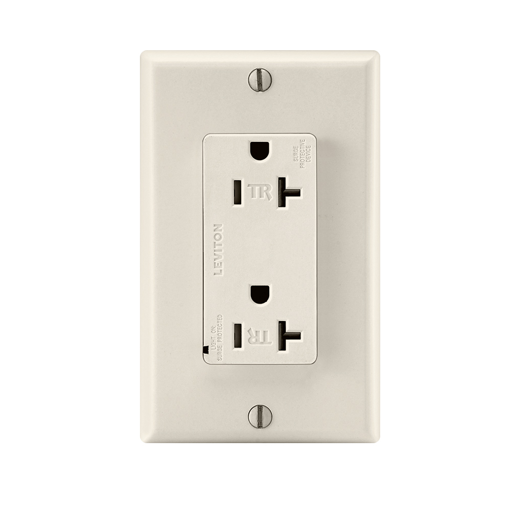 125V- 20A Tamper Resistant Surge Suppressor Device. Decora Duplex Receptacle. Commercial Specification Grade Version.  Non-alarmed. Back and Side Wired With Indicator LED. L-N/ N-G 600V. L-G 700V. Type 3. In. 3kA. Mcov. 150V - Light Almond