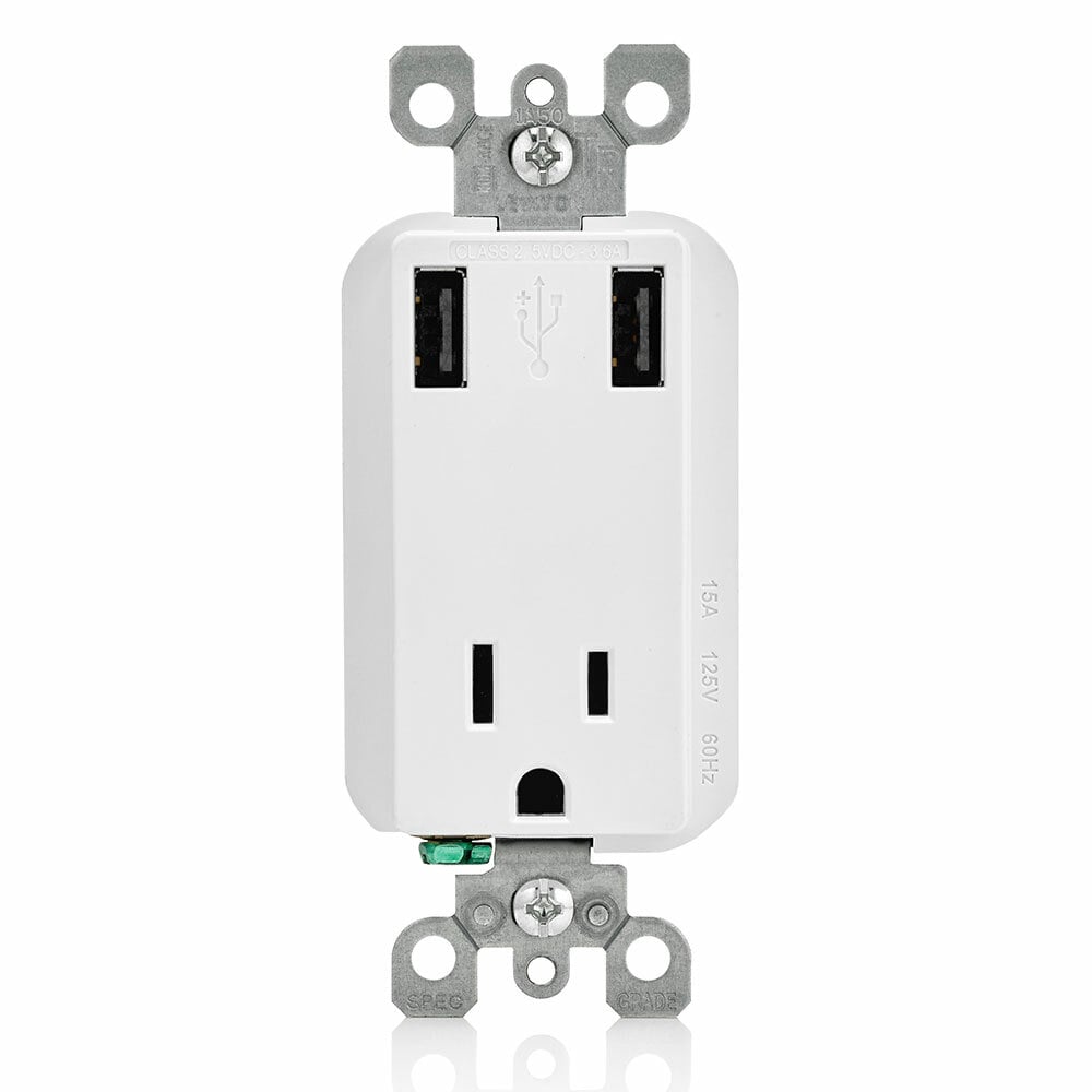 Combination Receptacle and USB Charger. 15 Amp, 125 Volt, Decora Tamper-Resistant Receptacle, NEMA 5-15R. 3.6 Amp, 5VDC USB Chargers. Grounding, Side Wired & Back Wired - White.