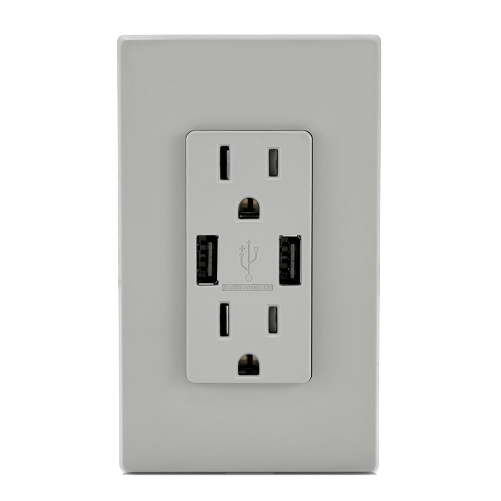 Combination Duplex Receptacle and USB Charger. 15 Amp, 125 Volt, Decora Tamper-Resistant Receptacle, NEMA 5-15R. 3.6 Amps, 5VDC, 2.0 Type A USB Chargers. Grounding, Side Wired & Back Wired - Gray.
