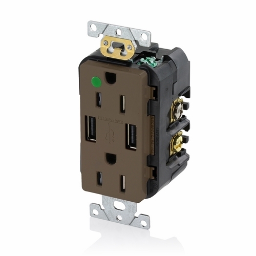 Hospital Grade. Combination Tamper-resistant Duplex. Decora Receptacle And Dual-port USB Charger. Nema 5-15R 15A-125V  2 Pole. 3-Wire Grounding. Receptacle - Brown