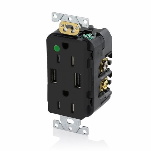 Hospital Grade. Combination Tamper-resistant Duplex. Decora Receptacle And Dual-port USB Charger. Nema 5-15R 15A-125V  2 Pole. 3-Wire Grounding. Receptacle - Black