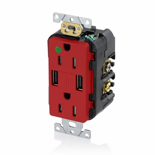 Hospital Grade. Combination Tamper-resistant Duplex. Decora Receptacle And Dual-port USB Charger. Nema 5-15R 15A-125V  2 Pole. 3-Wire Grounding. Receptacle - Red