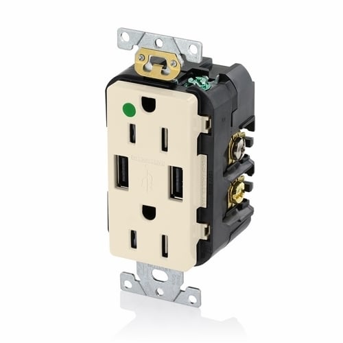 Hospital Grade. Combination Tamper-resistant Duplex. Decora Receptacle And Dual-port USB Charger. Nema 5-15R 15A-125V  2 Pole. 3-Wire Grounding. Receptacle - Light Almond