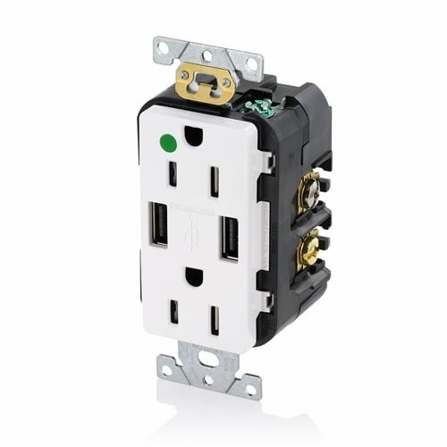 Hospital Grade. Combination Tamper-resistant Duplex. Decora Receptacle And Dual-port USB Charger. Nema 5-15R 15A-125V  2 Pole. 3-Wire Grounding. Receptacle - White