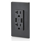 20 Amp/125 Volt. Combination Duplex Receptacle and USB Charger. Decora Tamper-Resistant Receptacle. NEMA 5-20R. 3.6 Amps. 5VDC. 2.0 Type A USB Chargers. Grounding. Side Wired And Back Wired - Black