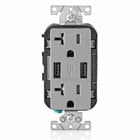 20 Amp/125 Volt. Combination Duplex Receptacle and USB Charger. Decora Tamper-Resistant Receptacle. NEMA 5-20R. 3.6 Amps. 5VDC. 2.0 Type A USB Chargers. Grounding. Side Wired And Back Wired - Gray