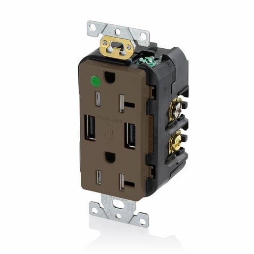 Hospital Grade. Combination Tamper-resistant Duplex. Decora Receptacle And Dual-port Usb Charger. Nema 5-20R 20A-125V. 2 Pole / 3-Wire Grounding Receptacle - Brown