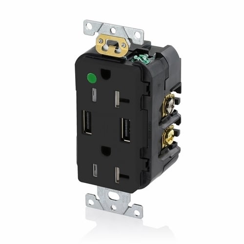 Hospital Grade. Combination Tamper-resistant Duplex. Decora Receptacle And Dual-port Usb Charger. Nema 5-20R 20A-125V. 2 Pole / 3-Wire Grounding Receptacle - Black