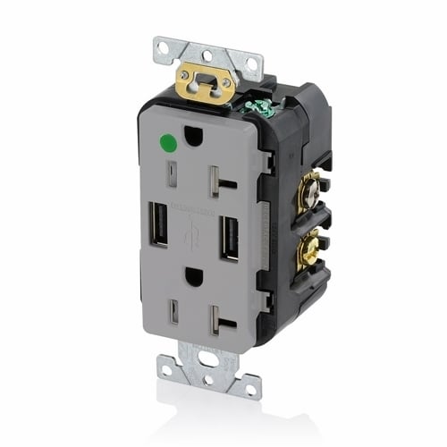 Hospital Grade. Combination Tamper-resistant Duplex. Decora Receptacle And Dual-port Usb Charger. Nema 5-20R 20A-125V. 2 Pole / 3-Wire Grounding Receptacle - Gray