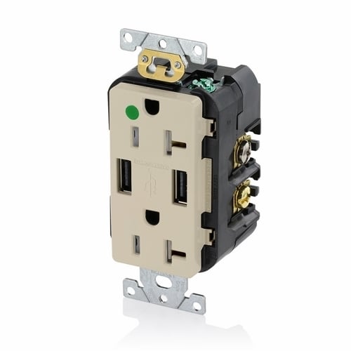 Hospital Grade. Combination Tamper-resistant Duplex. Decora Receptacle And Dual-port Usb Charger. Nema 5-20R 20A-125V. 2 Pole / 3-Wire Grounding Receptacle - Ivory