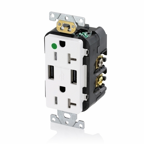 Hospital Grade. Combination Tamper-resistant Duplex. Decora Receptacle And Dual-port Usb Charger. Nema 5-20R 20A-125V. 2 Pole / 3-Wire Grounding Receptacle - White