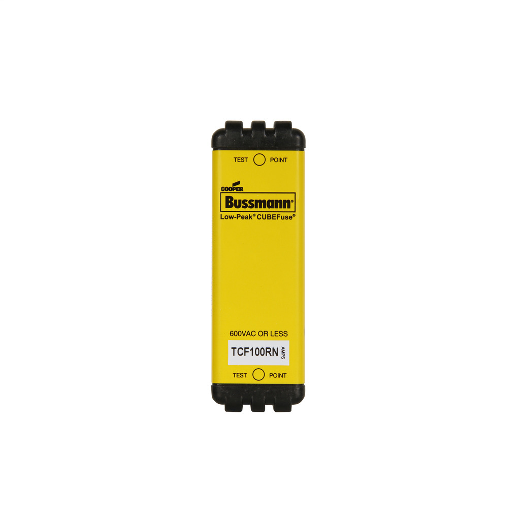 Eaton Bussmann series TCF fuse, 100 A, 60 Hz, 50 Hz, Dual, CF, Black, Non-indicating, Blade end, Time delay, 10 sec at 500%, 300 kAIC at 600 V,100 kAIC at 300 Vdc, Glass filled PES, Chassis,35 mm DIN rail, 600 V, 300 Vdc