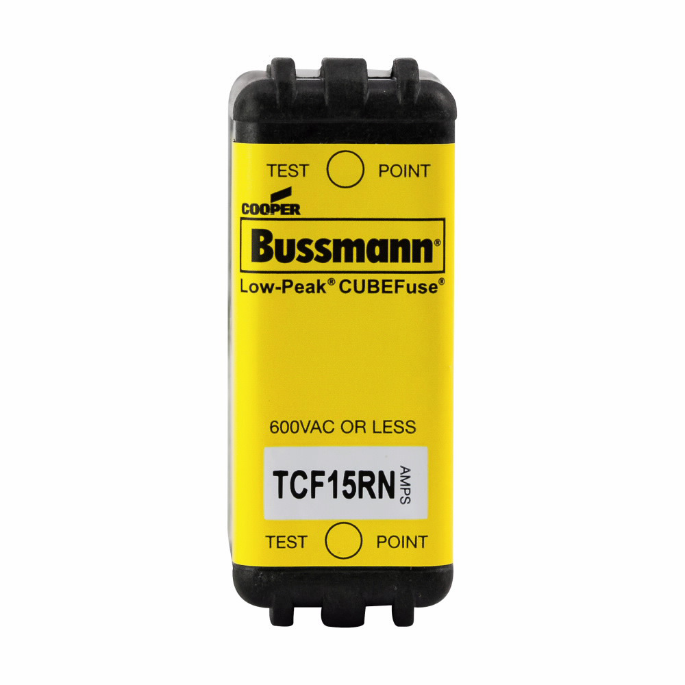 Eaton Bussmann series TCF fuse, 15 A, 60 Hz, 50 Hz, Dual, CF, Black, Non-indicating, Blade end, Time delay,Class CF, 10 sec at 500%, 100 kAIC at 300 Vdc,300 kAIC at 600 V, Glass filled PES, 35 mm DIN rail,Chassis, 600 V, 300 Vdc
