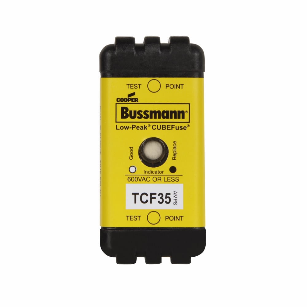 Eaton Bussmann series TCF fuse, Finger safe, 600 Vac/300 Vdc, 35A, 300 kAIC at 600 Vac, 100 kAIC at 300 Vdc, Indicating, Time delay, inrush current withstand, Class CF, CUBEFuse, Glass filled PES