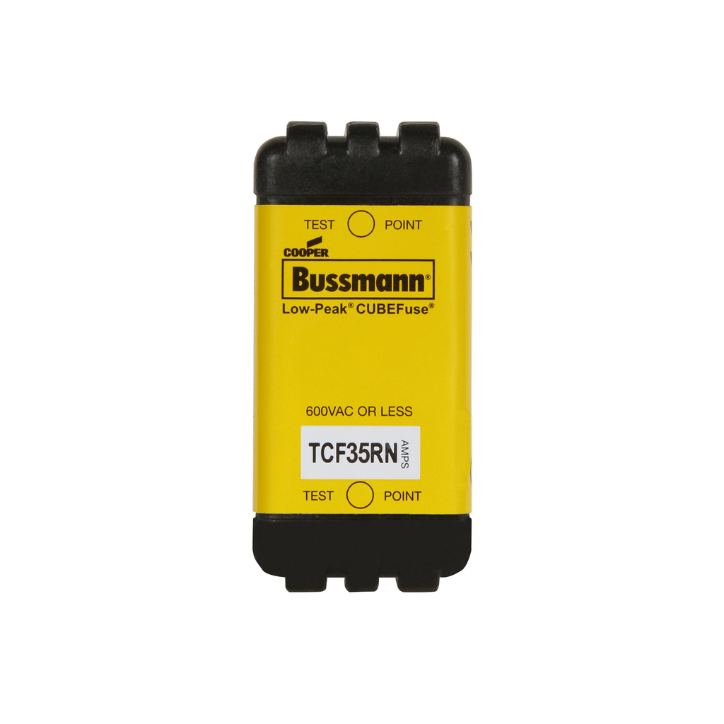 Eaton Bussmann series TCF fuse, 35 A, 60 Hz, 50 Hz, Dual, CF, Black, Non-indicating, Blade end, Time delay,Class CF, 10 sec at 500%, 300 kAIC at 600 V,100 kAIC at 300 Vdc, Glass filled PES, Chassis,35 mm DIN rail, 600 V, 300 Vdc