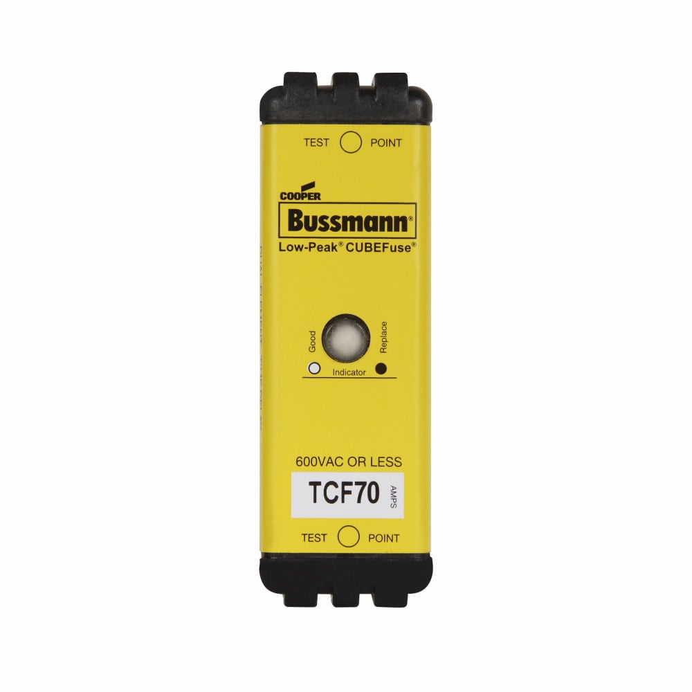 Eaton Bussmann series TCF fuse, Finger safe, 600 Vac/300 Vdc, 70A, 300 kAIC at 600 Vac, 100 kAIC at 300 Vdc, Indicating, Time delay, inrush current withstand, Class CF, CUBEFuse, Glass filled PES