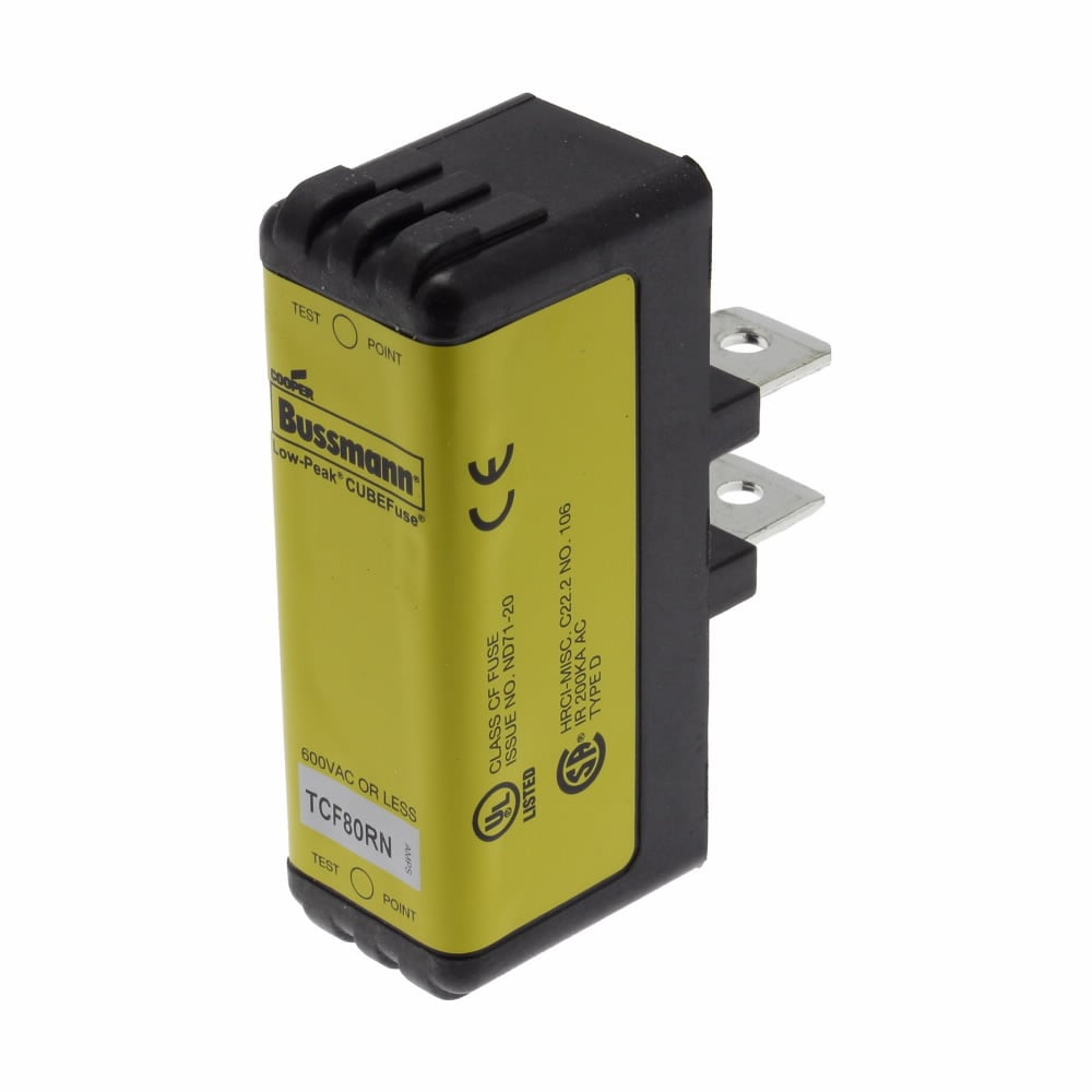 Eaton Bussmann series TCF fuse, 80 A, 60 Hz, 50 Hz, Dual, CF, Black, Non-indicating, Blade end, Time delay, 10 sec at 500%, 100 kAIC at 300 Vdc,300 kAIC at 600 V, Glass filled PES, Chassis,35 mm DIN rail, 600 V, 300 Vdc