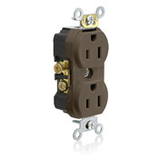 15A 125V  NEMA 5-15R 2P 3W Tamper-Resistant. Narrow Body Duplex Receptacle. Straight Blade. Commercial Grade. Self Grounding. Side Wired. Steel Strap - Brown