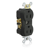 15A 125V  NEMA 5-15R 2P 3W Tamper-Resistant. Narrow Body Duplex Receptacle. Straight Blade. Commercial Grade. Self Grounding. Side Wired. Steel Strap - Black