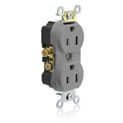 15A 125V  NEMA 5-15R 2P 3W Tamper-Resistant. Narrow Body Duplex Receptacle. Straight Blade. Commercial Grade. Self Grounding. Side Wired. Steel Strap - Gray