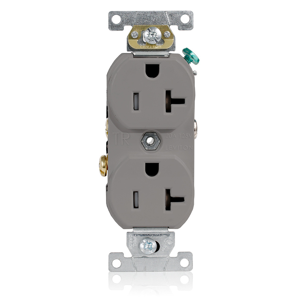 20A 125V  NEMA 5-20R 2P 3W Tamper-Resistant. Narrow Body Duplex Receptacle. Straight Blade. Commercial Grade. Self Grounding. Side Wired. Steel Strap - Gray