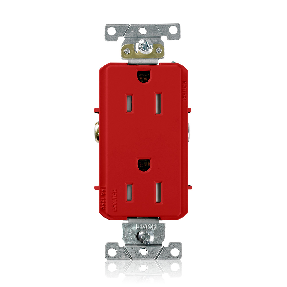 Receptacle, Tamper Resistant, Decora, 2-Pole 3-Wire, Nema 5-15R, 15A-125V, Back And Side Wired. Commercial Spec Grade, Self Grounding Triple-Combination-Head Screws. - Red