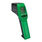Infrared Thermometer offers safe, non-contact temperature measurement.  Laser spot indicator shows approximate center of target measurement area.  Display temperatures in either Fahrenheit or Celsius.  Adjustable emissivity for optimum temperature reading accuracy on a wide range of materials and surfaces.  Min, Max, Difference and Average temperature functions.  Backlight display for easy readings in any environment.  Auto power off for longer battery life.