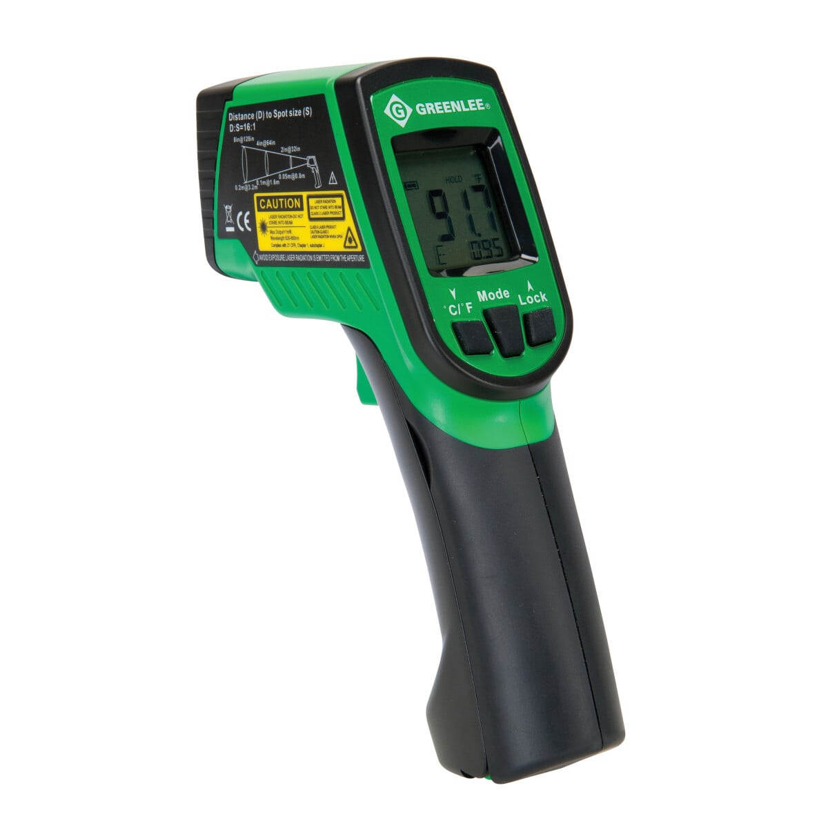 Dual Laser Infrared Thermometer offers safe, non-contact temperature measurement.  Laser spot indicator shows approximate center of target measurement area.  Display temperatures in either Fahrenheit or Celsius.  Adjustable emissivity for optimum temperature reading accuracy on a wide range of materials and surfaces.  Min, Max, Difference and Average temperature functions.  Backlight display for easy readings in any environment.  Auto power off for longer battery life.