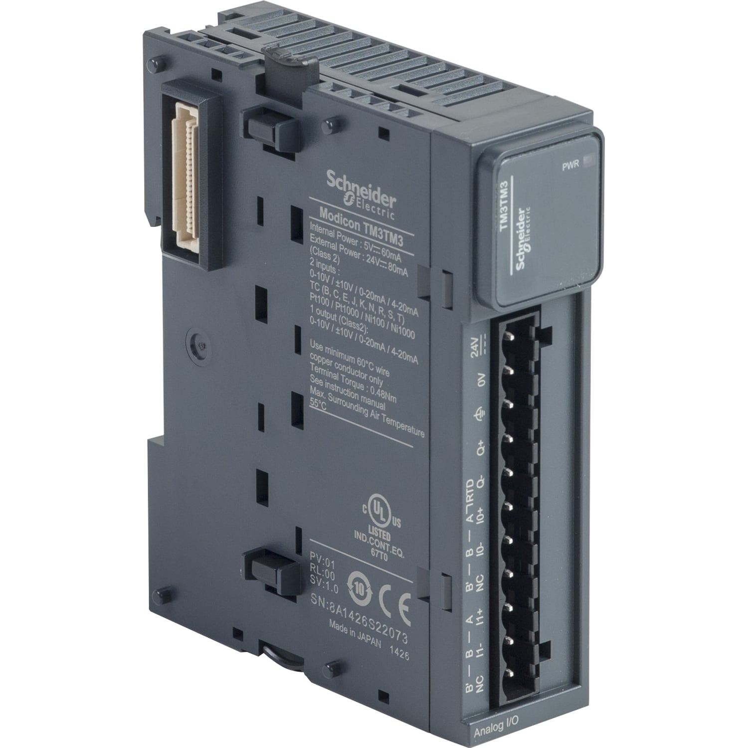 analog IO module, Modicon TM3, 2 analog or temperature inputs, 1 analog output, screw, 24V DC