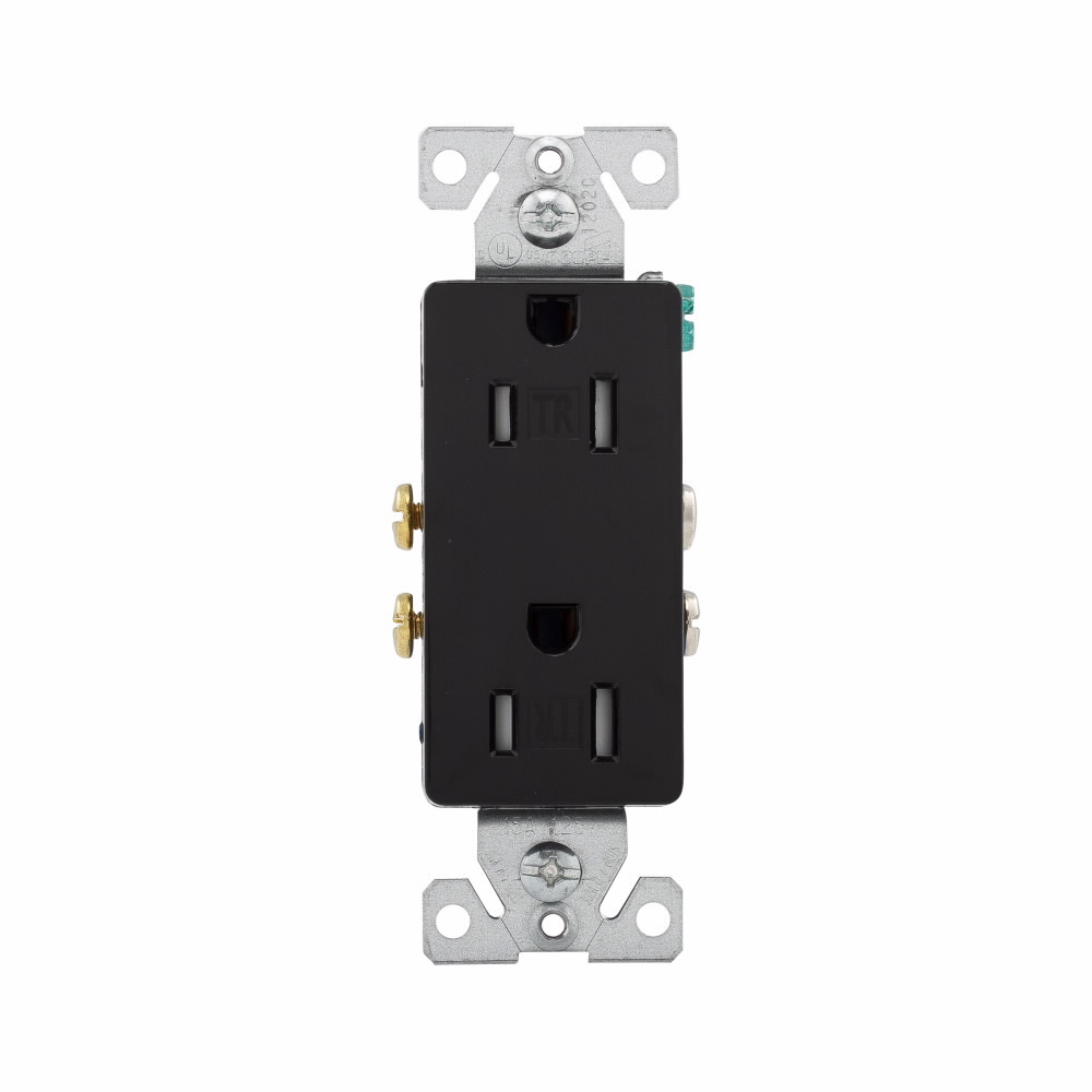Eaton residential grade decorator duplex receptacle, #14-10 AWG, 15A, Commercial, Residential, Flush, 125V, Side and push, Black, Brass, Impact-resistant thermoplastic face, PVC body, 5-15R, Duplex, Screw, Thermoplastic, ED Box