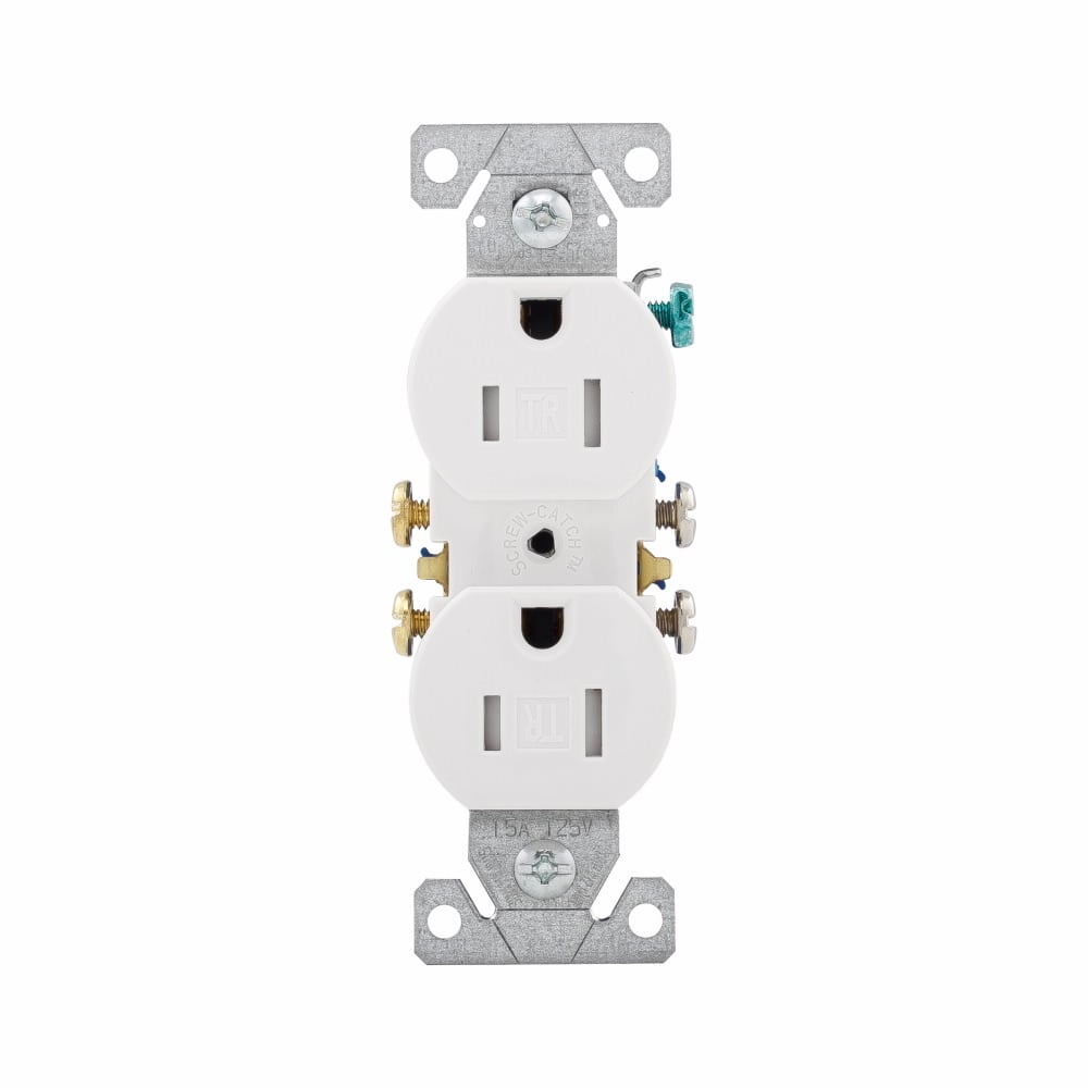 Eaton residential grade duplex receptacle, #14-10 AWG, 15A, Commercial, Residential, Flush, 125V, Side and push, White, Brass, Impact-resistant thermoplastic face, PVC body, 5-15R, Duplex, Screw, Thermoplastic, Core pack