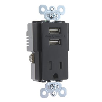 Fed Spec Grade USB Chargers w/ Tamper-Resistant 15A Receptacle, Black TR5261USBBK