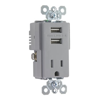 Fed Spec Grade USB Chargers w/ Tamper-Resistant 15A Receptacle, Gray TR5261USBGRY