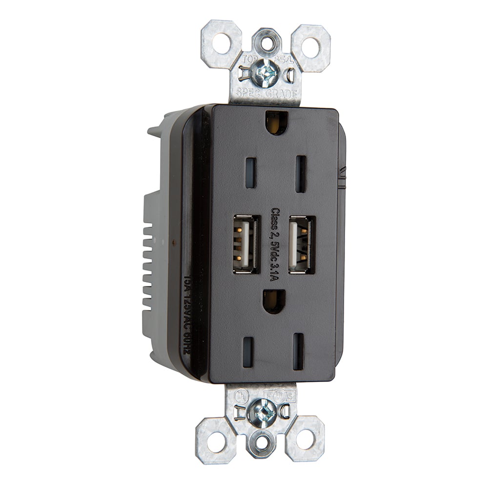 Combination 15A 125V Tamper-Resistant Duplex Outlet with Two USB Chargers - Brown