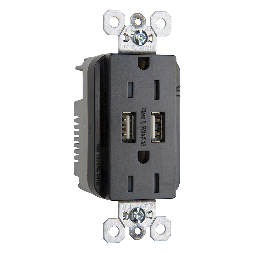 Combination 15A 125V Tamper-Resistant Duplex Outlet with Two USB Chargers - Black