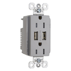 Combination 15A 125V Tamper-Resistant Duplex Outlet with Two USB Chargers - Gray