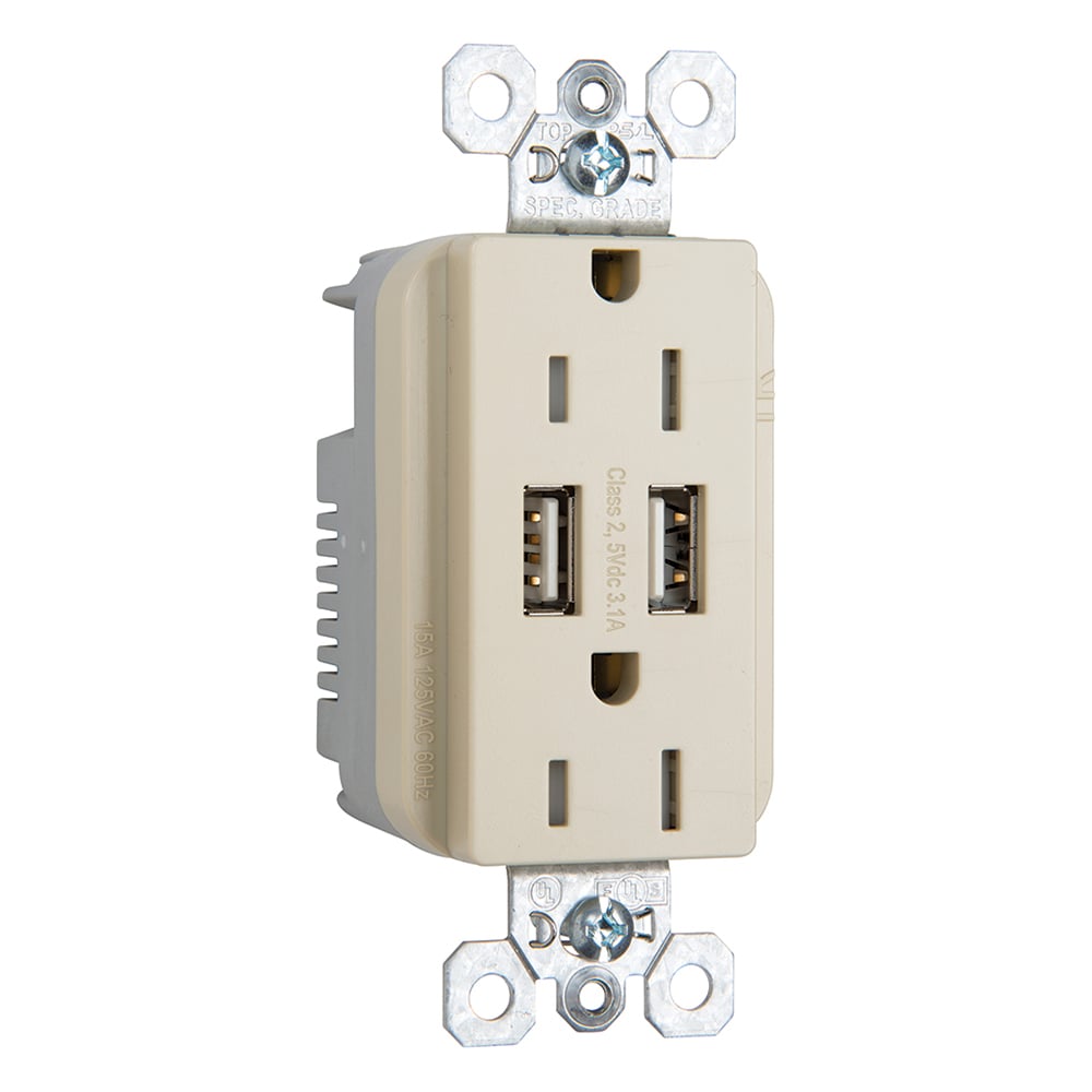 Combination 15A 125V Tamper-Resistant Duplex Outlet with Two USB Chargers - Ivory